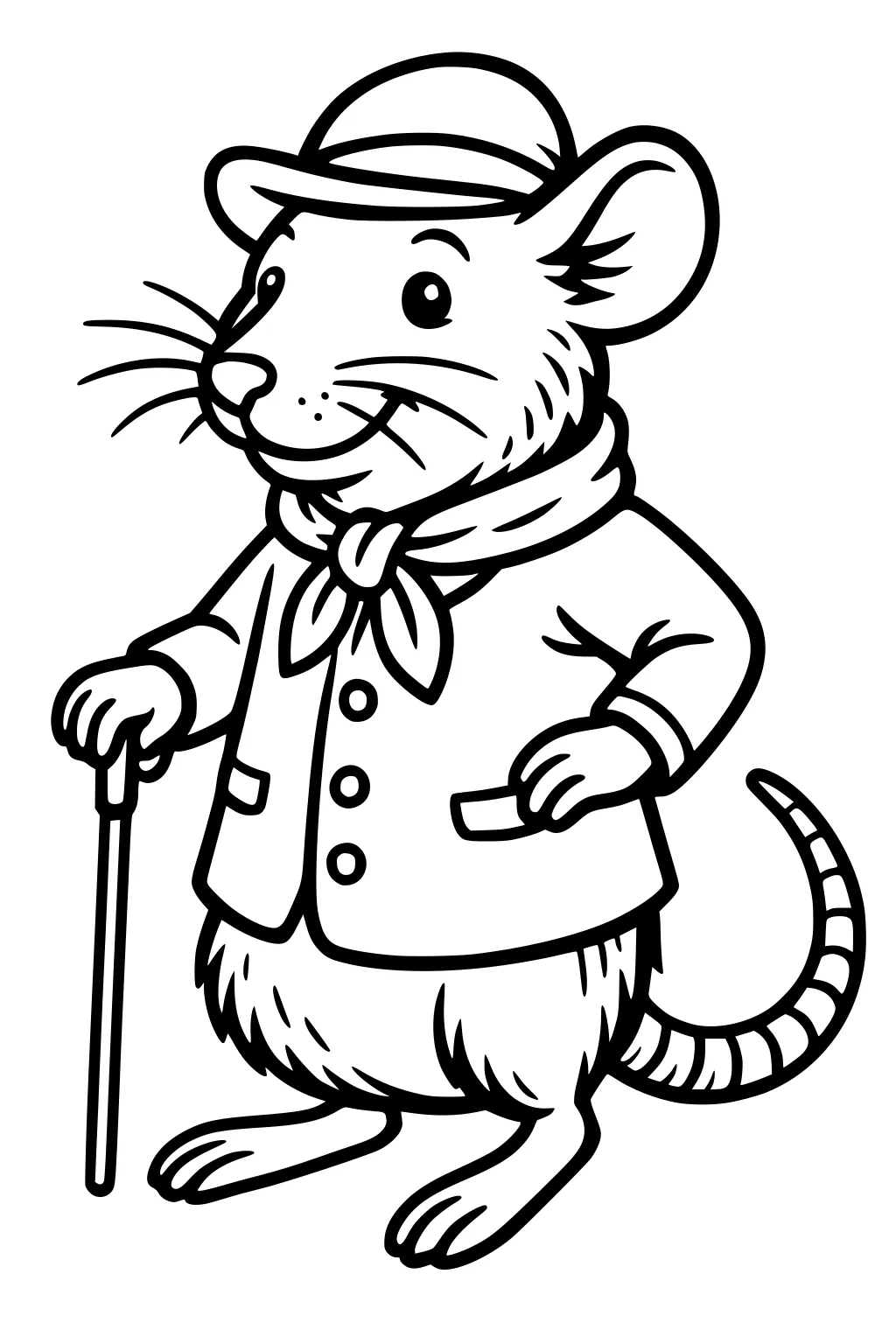 Rat standing upright in a jacket, scarf, hat, and holding a cane, smiling with whiskers and a striped tail.