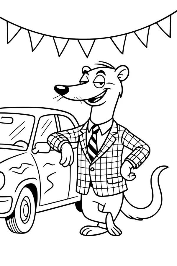 Free Weasel Coloring Page - Dapper Weasel in Plaid Jacket by Car (Printable PDF)