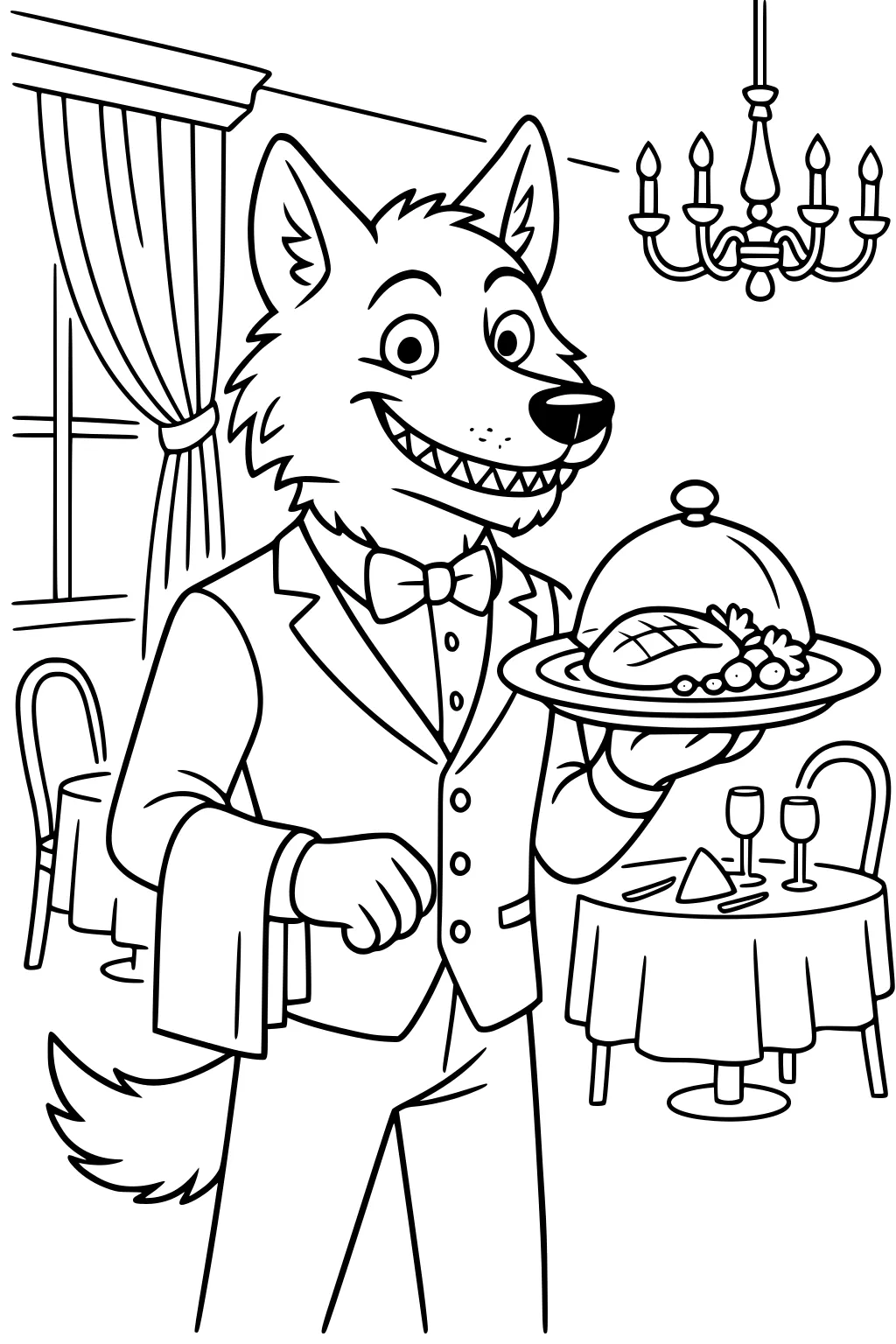 Cartoon wolf waiter in tuxedo holding covered platter in fancy restaurant with chandelier, curtains, tables, and glasses.