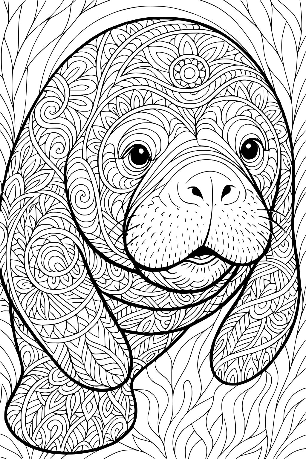 Manatee with swirling and floral patterns on its body, surrounded by leafy designs and ocean grass outlines.