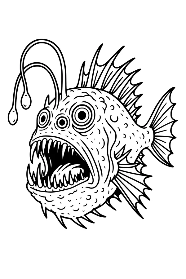 Free Anglerfish Sea Monster Coloring Page - Big-Eyed Deep Sea Chomper (Printable PDF)