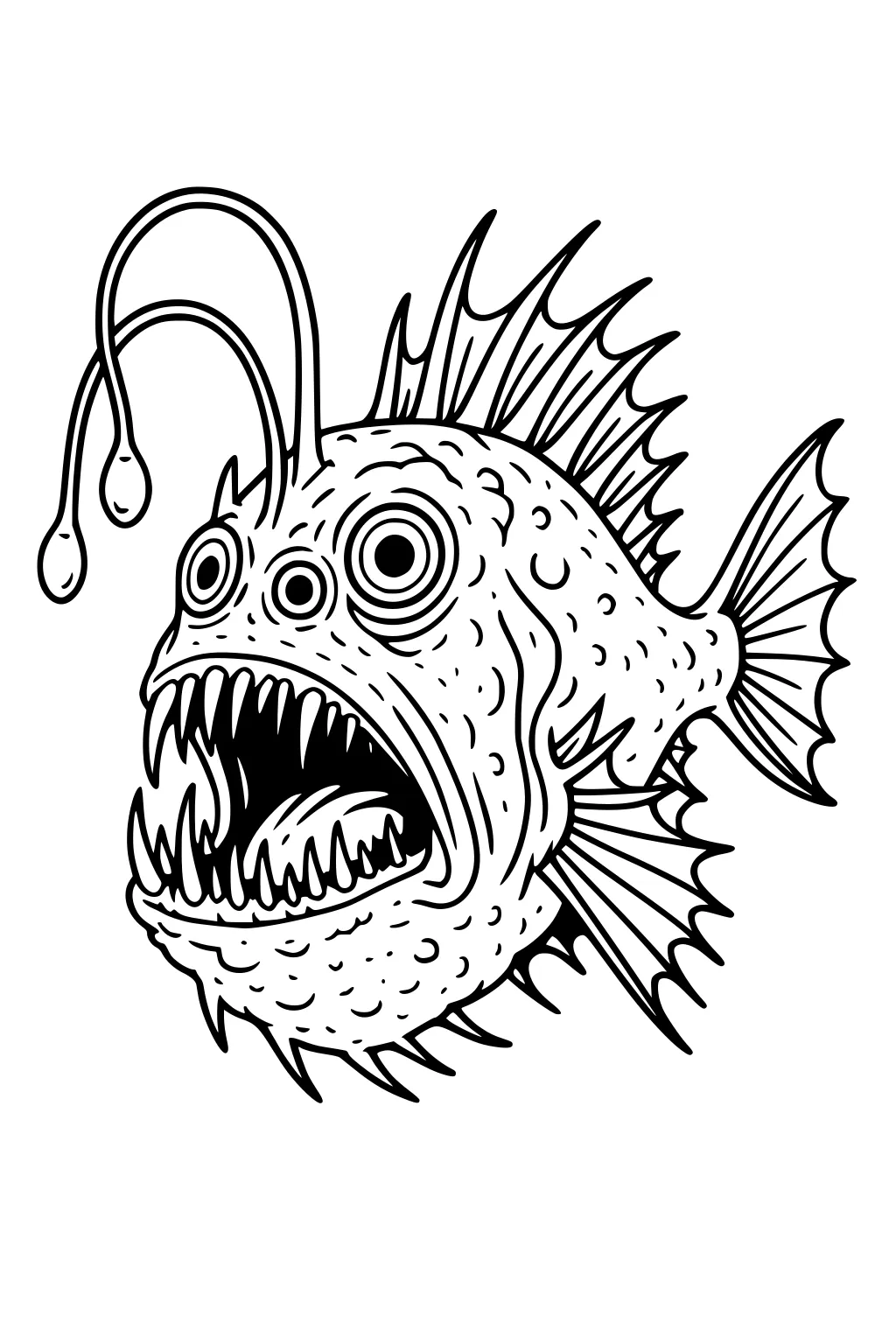 Cartoon deep-sea anglerfish monster with big eyes, two dangling lures, spiky fins, pebbled skin, and a wide open mouth of sharp teeth.