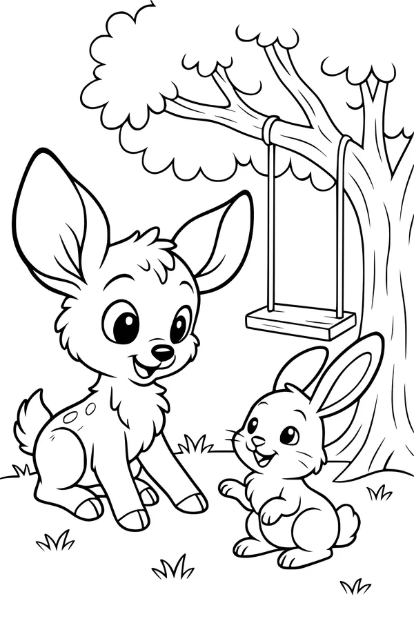 Free Deer Coloring Page - Fawn and Bunny by Tree Swing (Printable PDF)