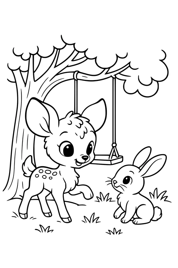 Free Deer Coloring Page - Deer and Bunny Under Swing Tree (Printable PDF)