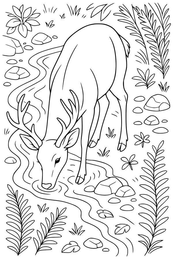 Free Deer Coloring Page - Antlered Deer Drinking From Forest Stream (Printable PDF)