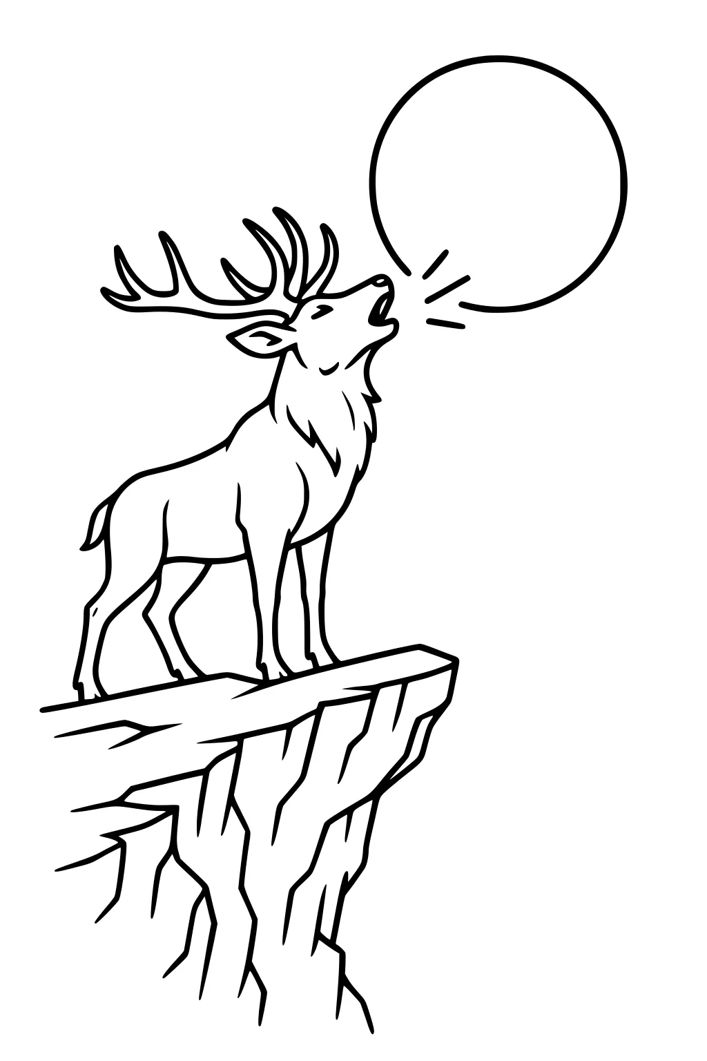 Deer with large antlers standing on a rocky cliff and calling, speech bubble above its head.