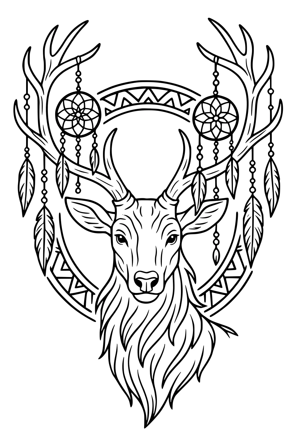 Deer face with large antlers decorated with feathers, beads, dreamcatchers, and tribal arch patterns behind.