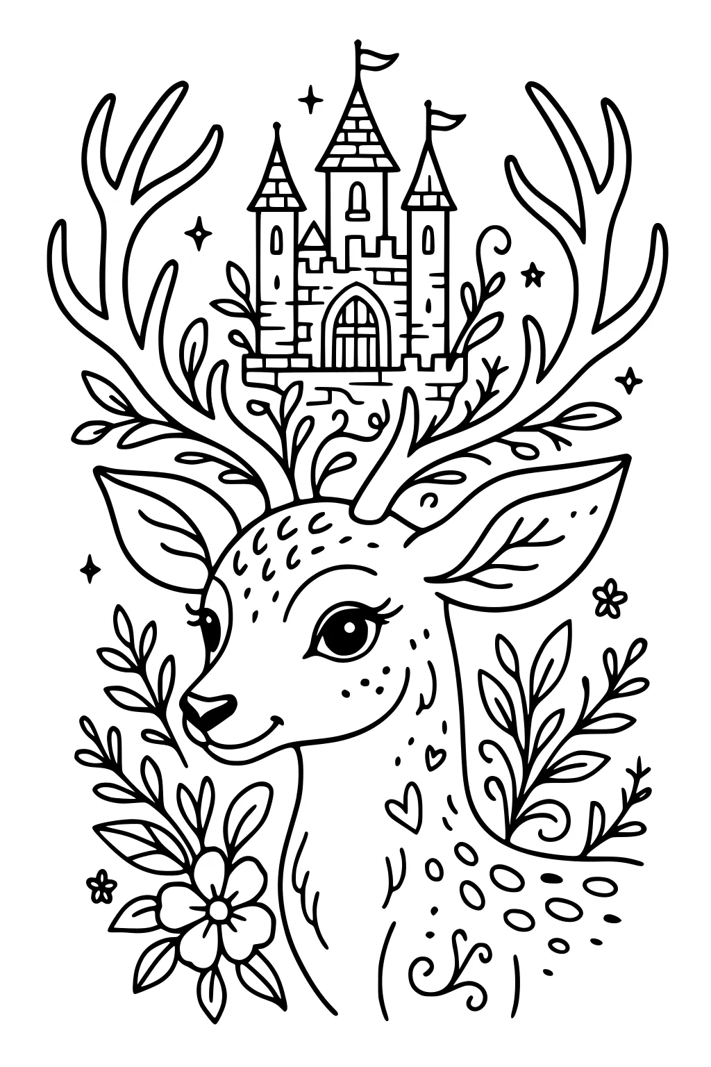 Smiling deer with leafy antlers, big eyes, a flower by its neck, and a castle balanced on its antlers, surrounded by leaves and stars.
