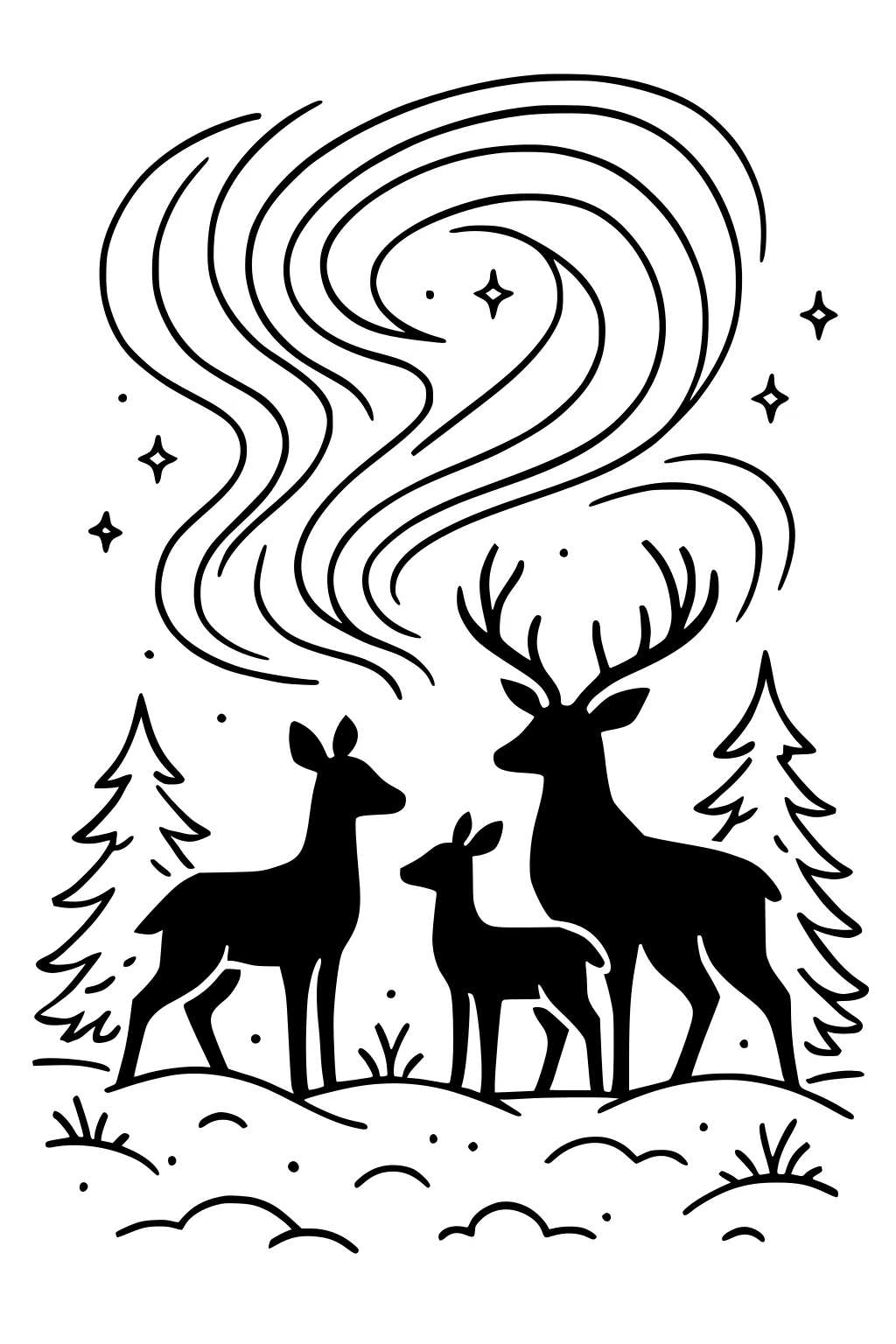 Three deer under swirling sky and stars, surrounded by snowy ground and pine trees.
