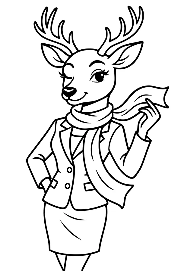 Free Deer Coloring Page - Fashionable Doe With Scarf (Printable PDF)