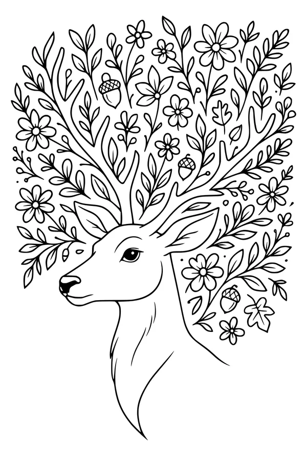 Free Deer Coloring Page - Floral Antlers in Springtime (Printable PDF)