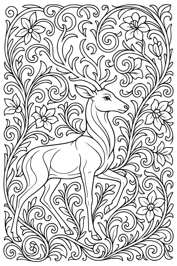 Free Deer Coloring Page - Swirly Meadow With Flowers (Printable PDF)