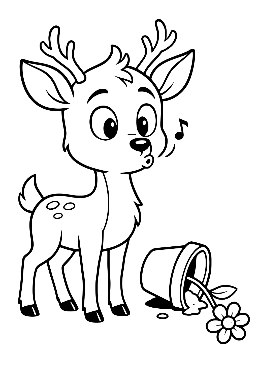 Cartoon deer with antlers whistling, standing beside a fallen flowerpot with a daisy and spilled soil.