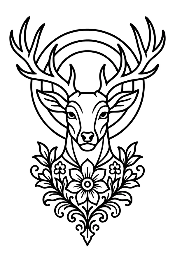 Free Deer Coloring Page - Stately Antlers and Forest Blooms (Printable PDF)
