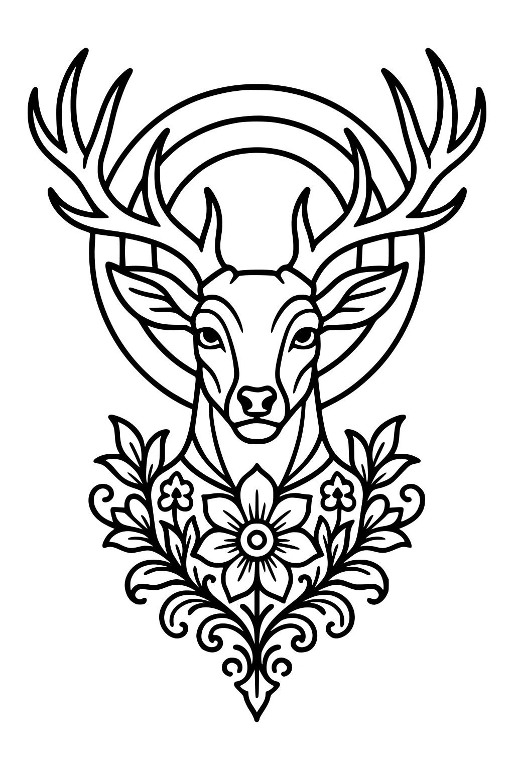 Deer head with large antlers above floral and leafy swirl patterns, with circle shapes behind the antlers.