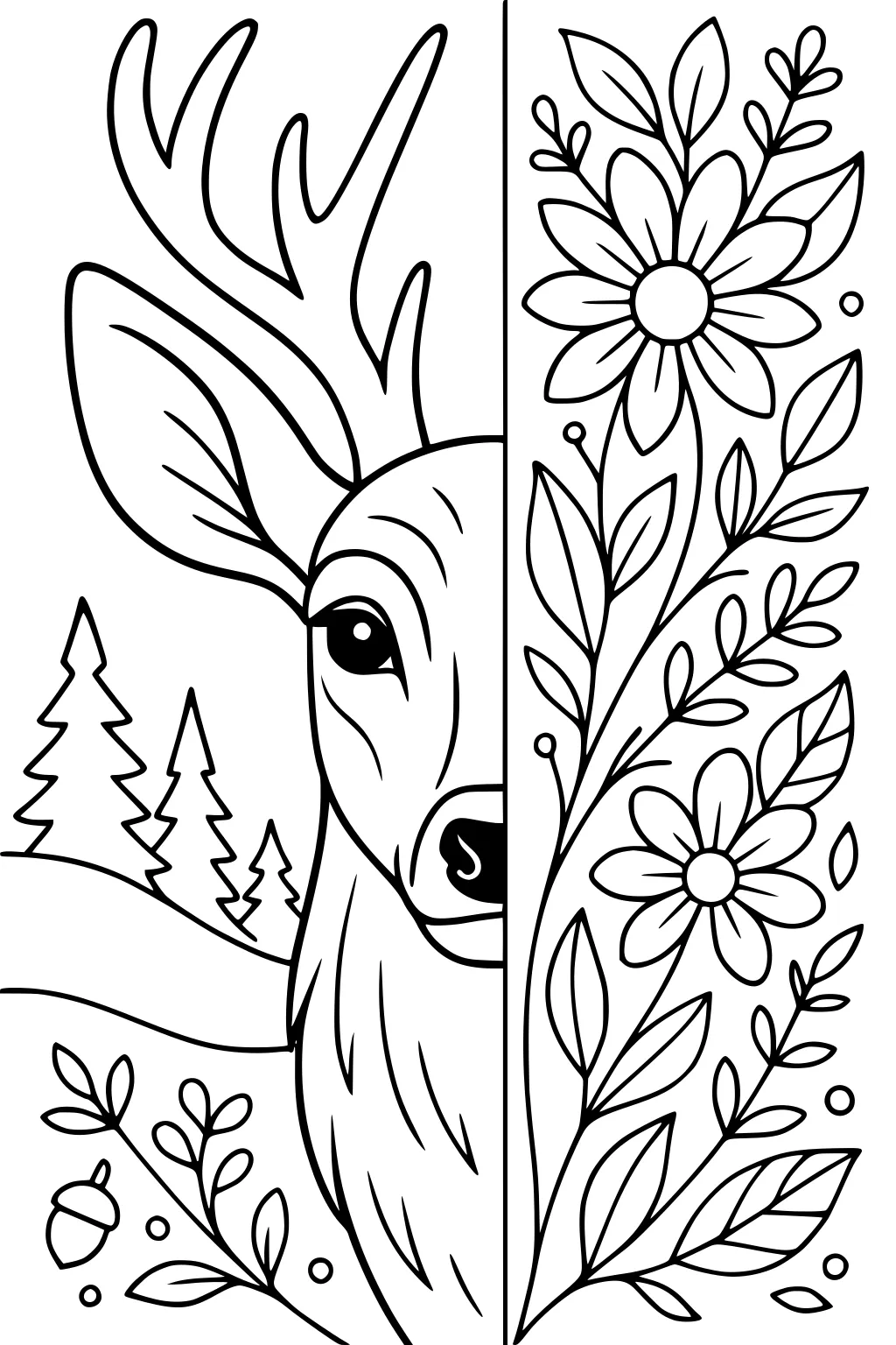 Deer with antlers on left next to pine trees, right side of page filled with large flowers and leafy stems.