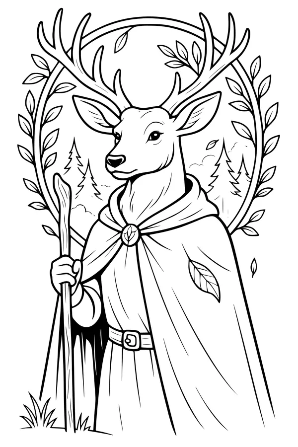 Free Deer Coloring Page - Forest Guide With Cloak and Staff (Printable PDF)