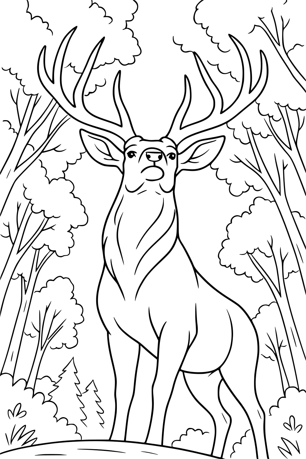 Deer with big antlers standing on a hilltop in a forest, surrounded by trees and bushes.