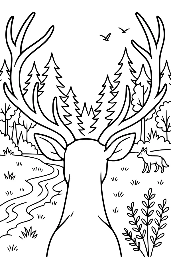 Free Deer Coloring Page - Big Antlers in a Quiet Forest (Printable PDF)