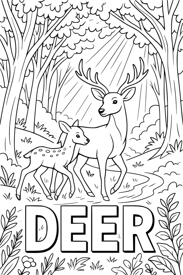 Free Deer Coloring Page - Father Stag and Fawn in Forest (Printable PDF)