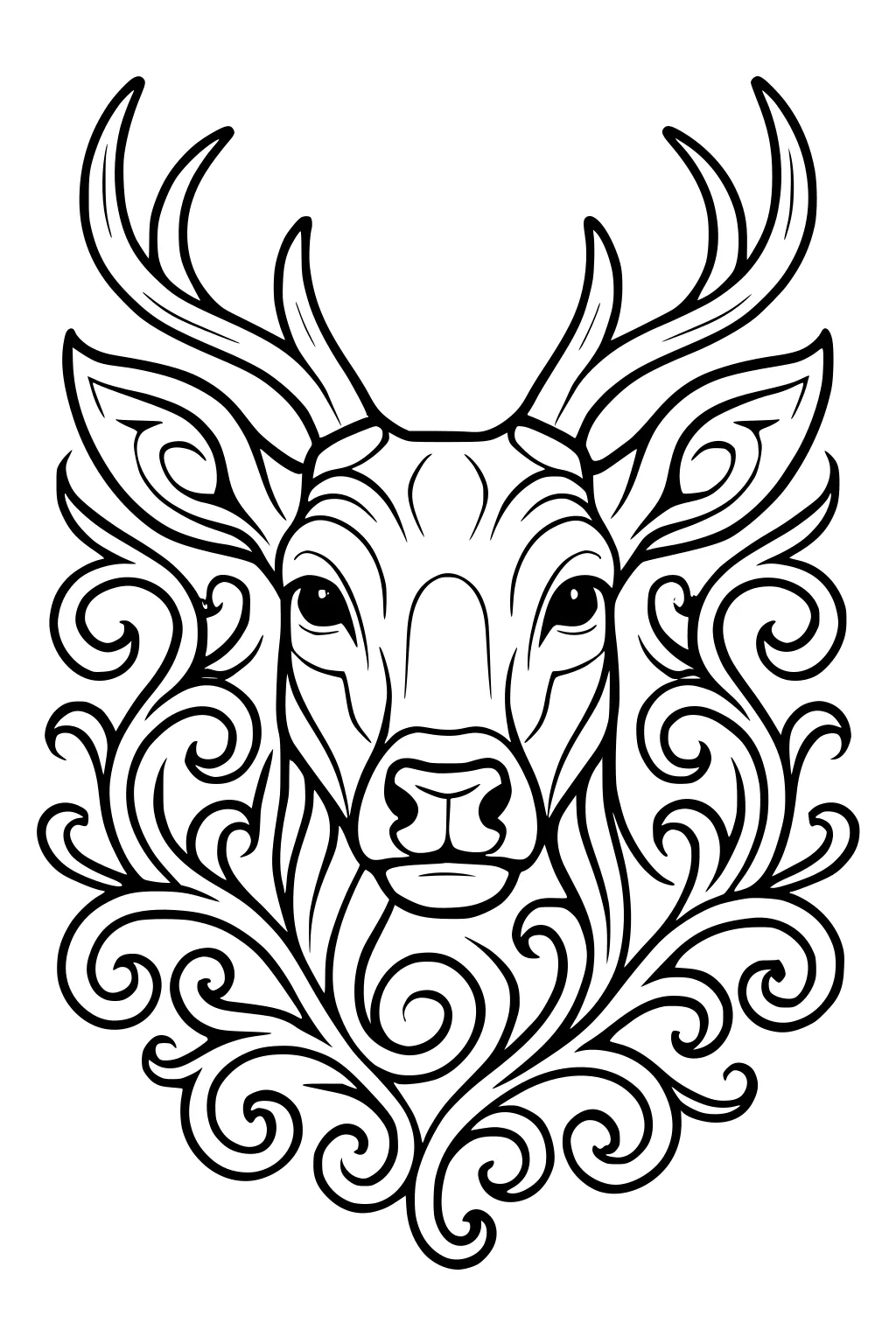 Deer head with large antlers and swirling decorative lines surrounding the face, drawn in bold outline style.