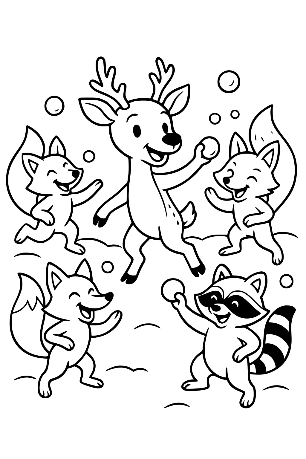 Deer, three foxes, and a raccoon play with snowballs in a winter scene.