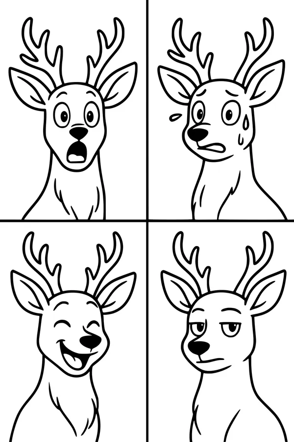 Free Deer Coloring Page - Four Silly Cartoon Faces (Printable PDF)