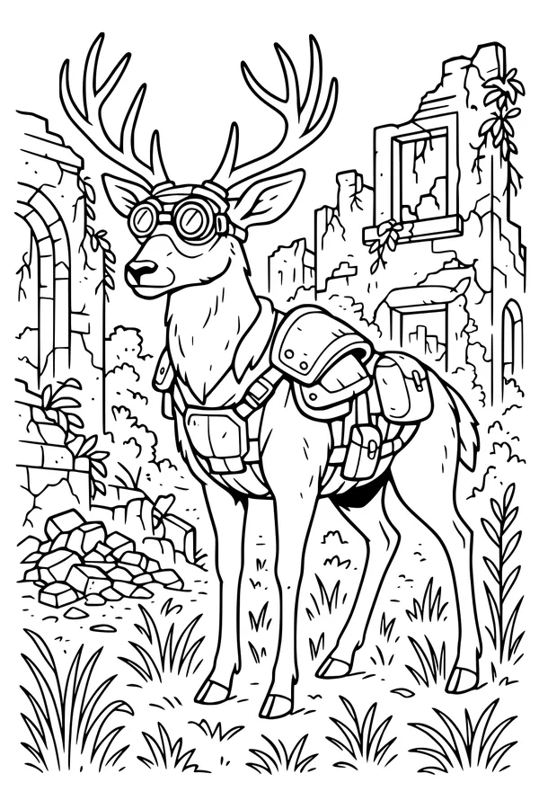 Free Deer Coloring Page - Explorer With Goggles in Ancient Ruins (Printable PDF)