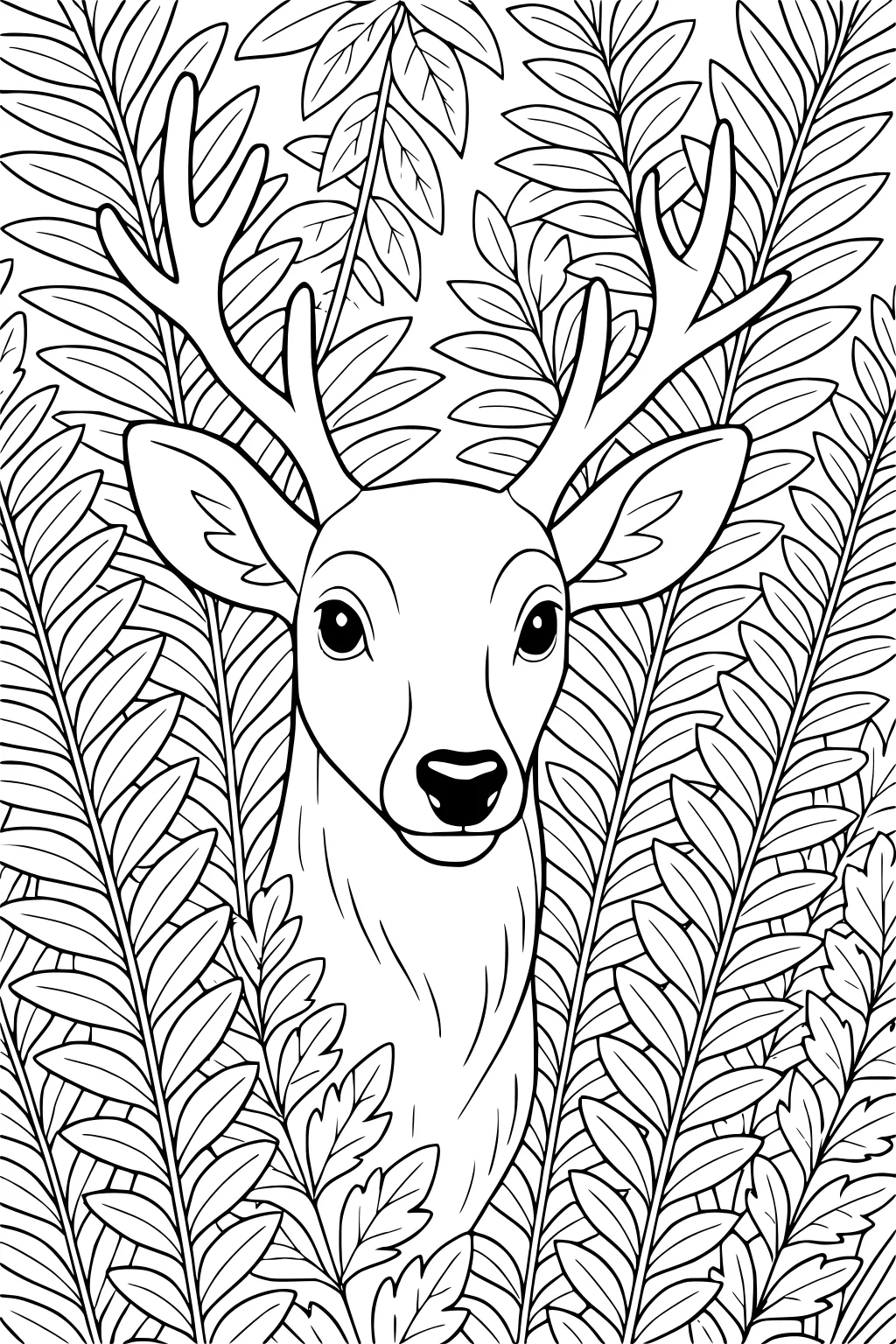 Deer with tall antlers surrounded by overlapping fern and leaf plants in a detailed forest scene.