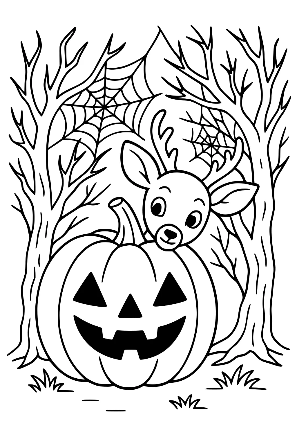 Young deer peeking over a carved jack-o-lantern, surrounded by bare trees and spiderwebs.