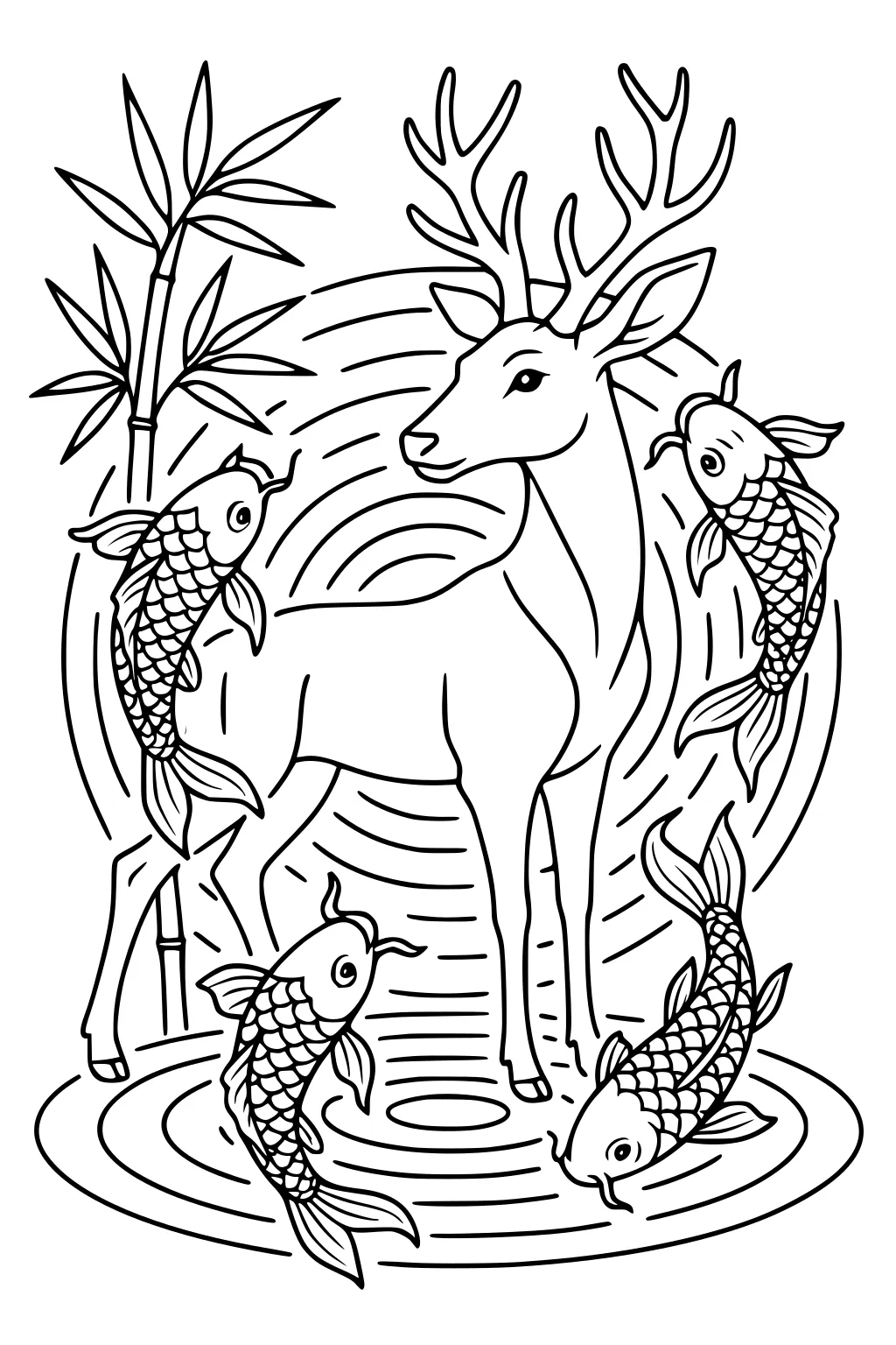 Deer with large antlers stands in a pond, surrounded by four koi fish and two tall bamboo stalks in the background.