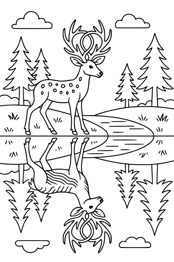Free Deer Coloring Page - Starlit Antlers by the Forest Lake (Printable PDF)