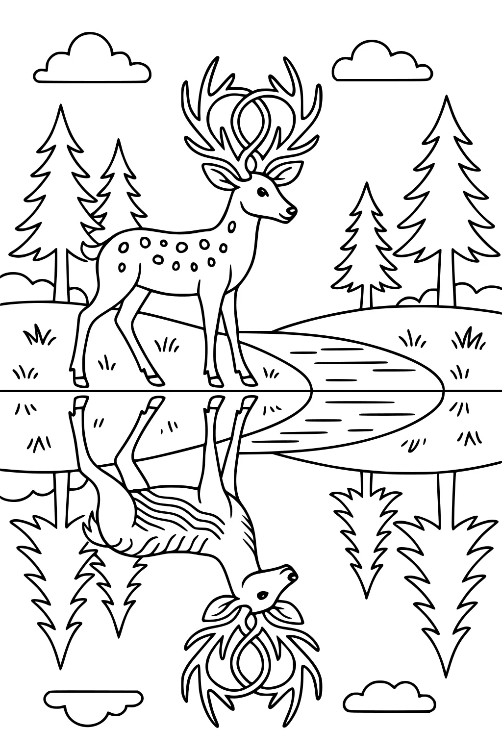 Deer with antlers near a lake, reflection in water, pine trees, clouds in sky.