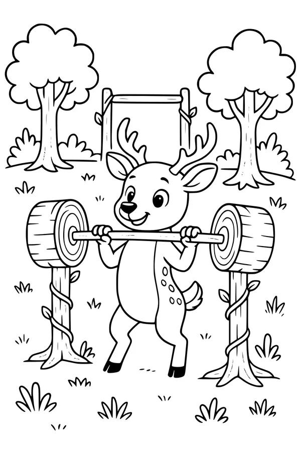 Free Deer Coloring Page - Strong Buck Lifting Log Barbell in Forest (Printable PDF)