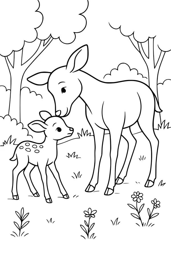 Free Deer Coloring Page - Mother Deer and Fawn in Meadow (Printable PDF)