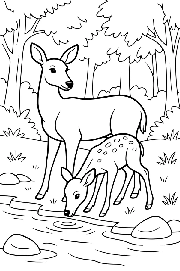Free Deer Coloring Page - Mother Deer And Fawn By Forest Pond (Printable PDF)