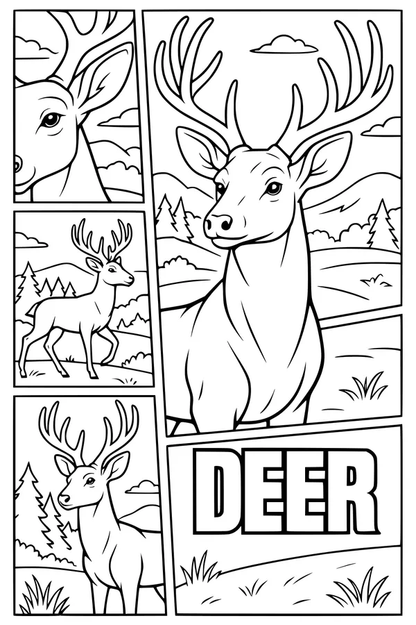 Free Deer Coloring Page - Stag in Comic-Style Mountain Meadow (Printable PDF)