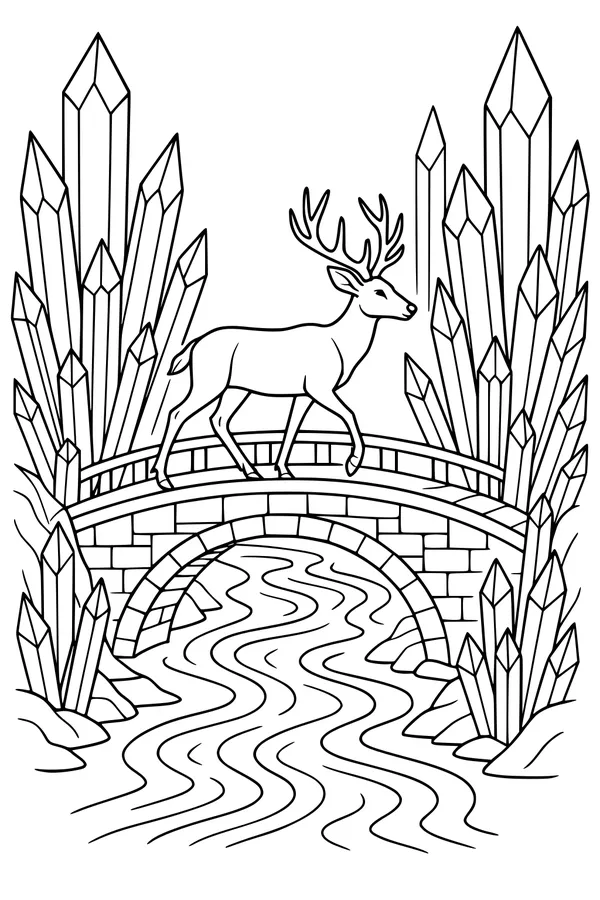 Free Deer Coloring Page - Antlered Deer on Crystal Bridge (Printable PDF)