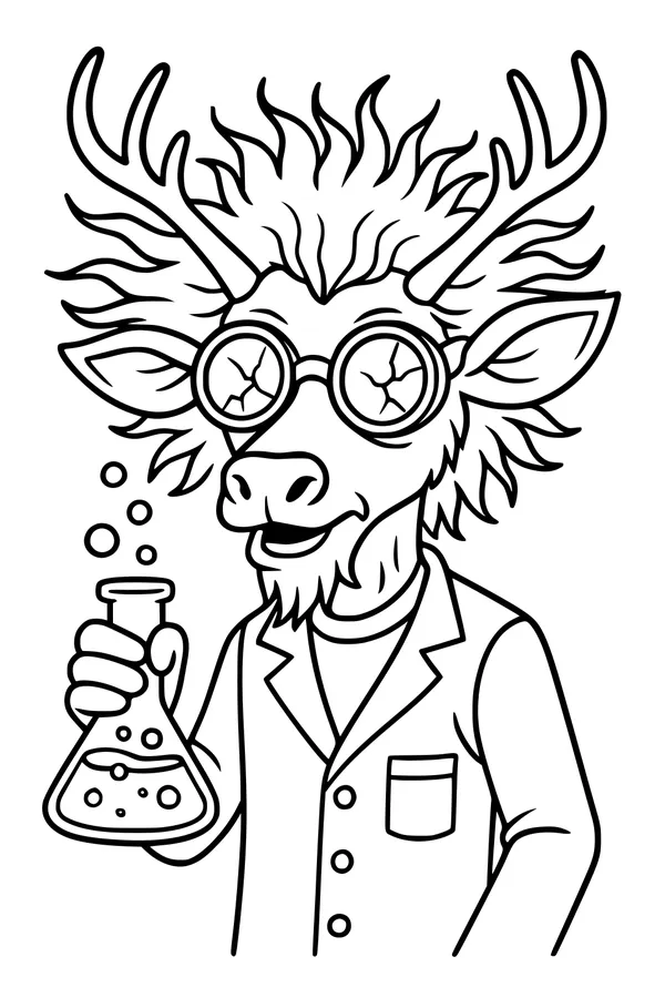 Free Deer Scientist Coloring Page - Professor Buck's Bubbling Experiment (Printable PDF)