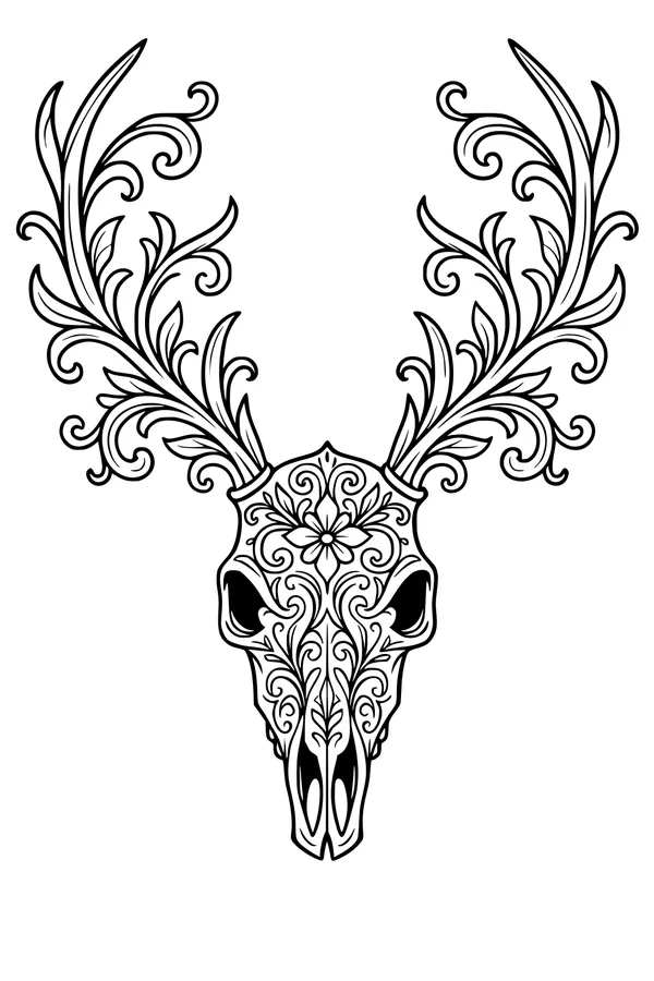 Free Deer Skull Coloring Page - Ornate Floral Antlers Design (Printable PDF)