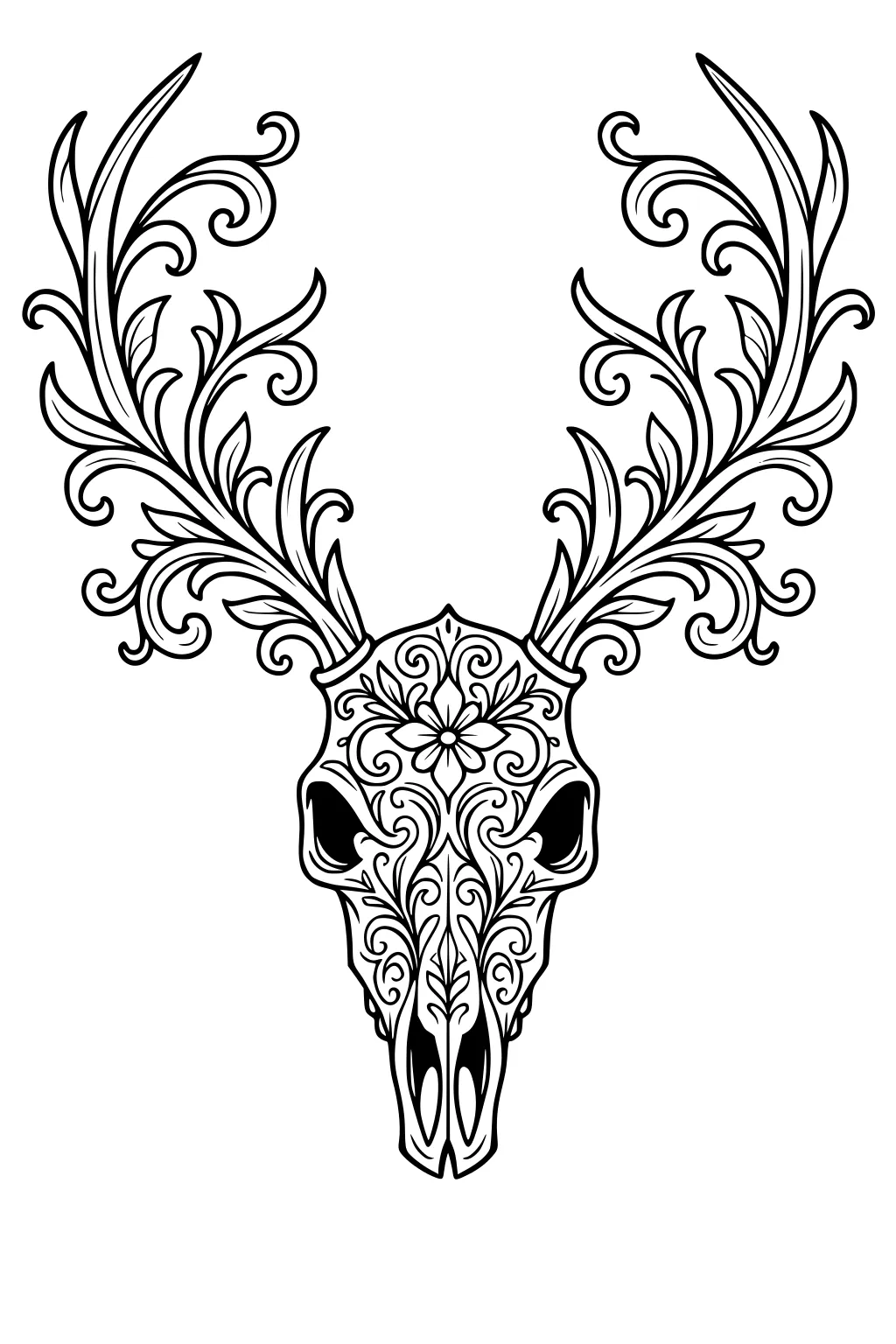 Deer skull with decorative floral and leaf designs in its antlers and head, black line art on white background.
