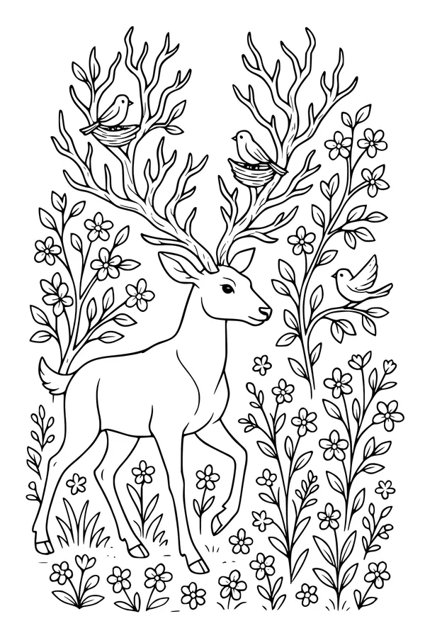 Free Deer Coloring Page - Antlers With Nests and Birds in a Flower Meadow (Printable PDF)