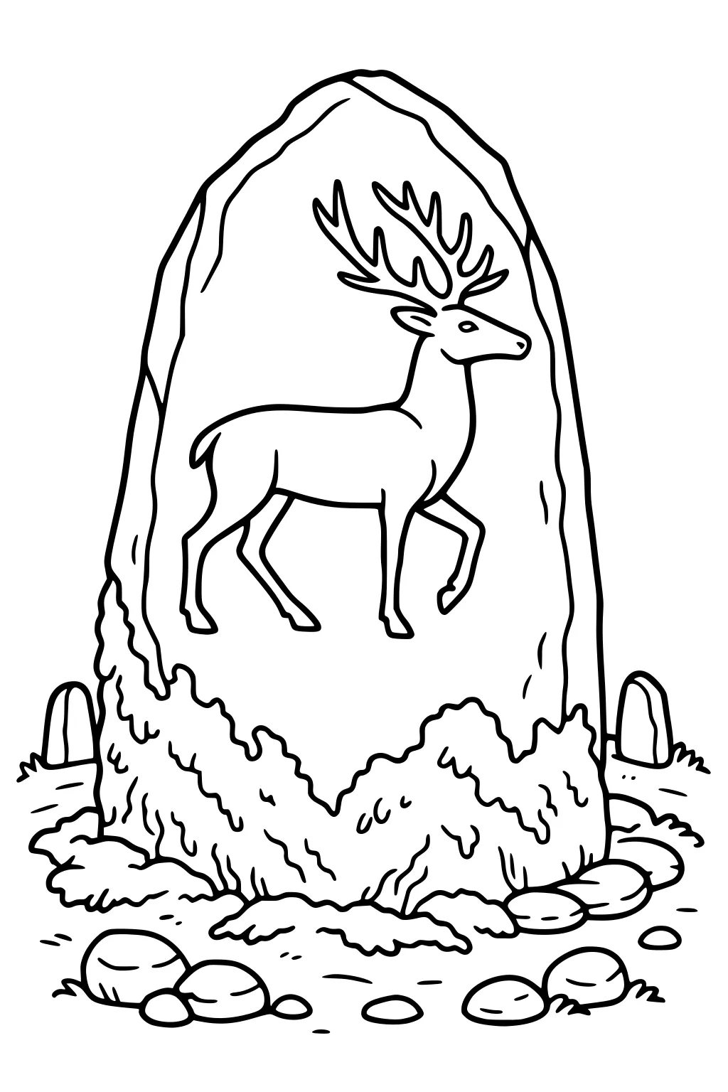 Outlined deer carved in a big upright stone, surrounded by rocks, grassy patches, and small shrubs.