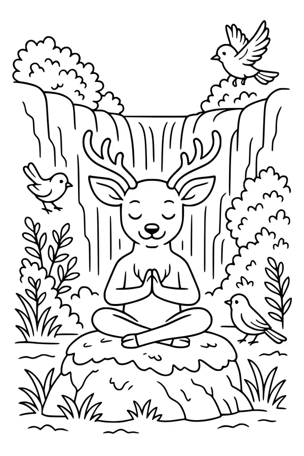 Free Deer Coloring Page - Meditating by a Forest Waterfall (Printable PDF)