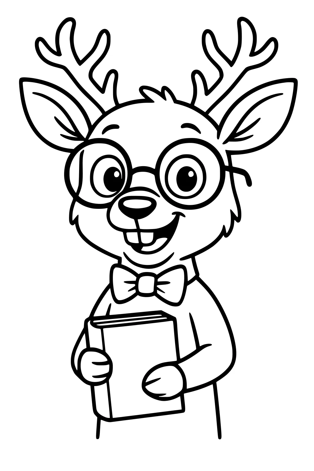 Deer with glasses and bow tie holding a book and smiling.