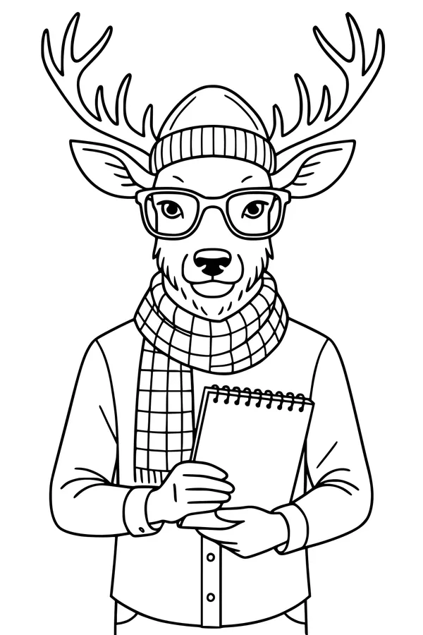 Free Deer Coloring Page - Dapper Deer With Notebook And Glasses (Printable PDF)