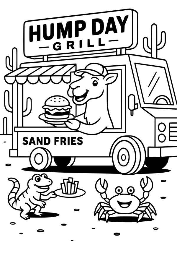 Free Camel Coloring Page - Hump Day Grill Desert Snack Time (Printable PDF)