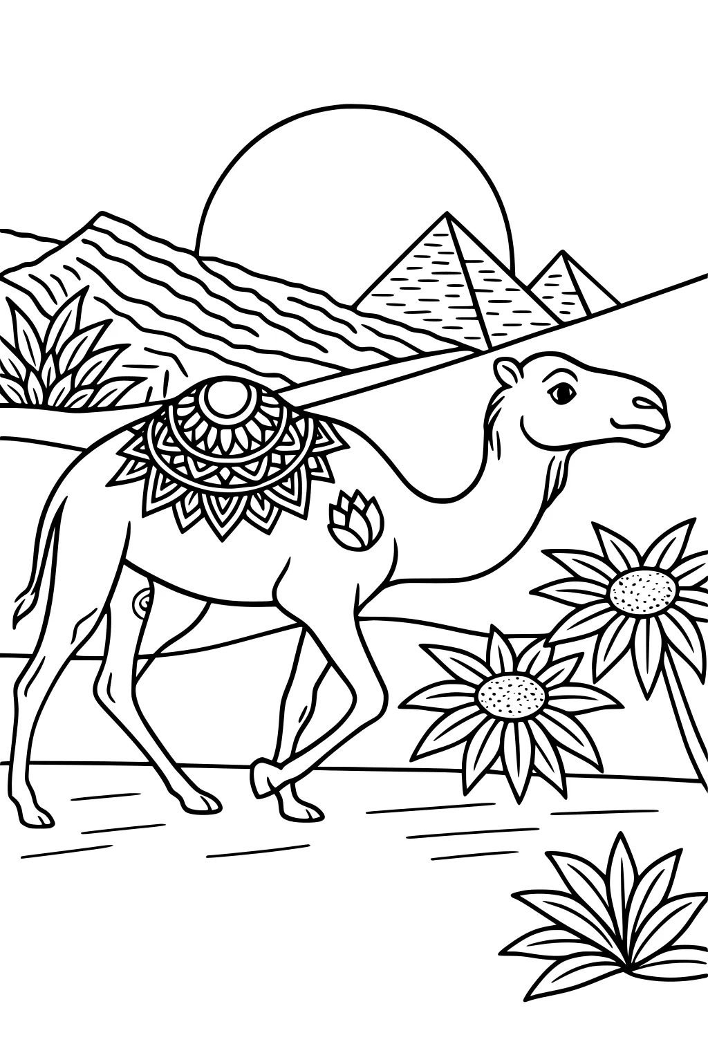 Camel with decorated blanket walking past flowers and desert plants, pyramids and sun in the background.
