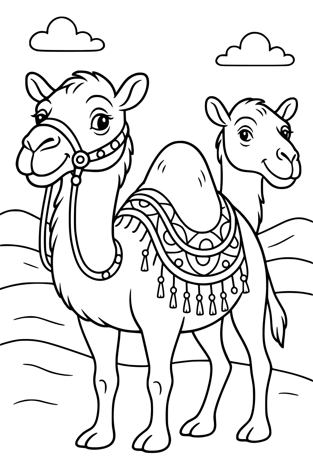Two camels with patterned blankets and tassels stand in a desert with two clouds overhead.