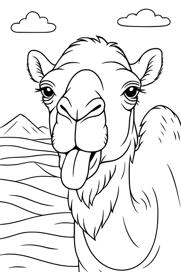 Free Camel Coloring Page - Funny Tongue-Out Desert Scene (Printable PDF)